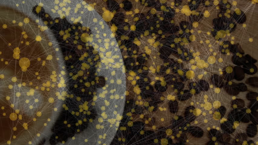 White ceramic coffee cup floating on wooden table, network overlay mapping beans in flat design. Art, beverage, breakfast, rustic, modern, warmth, aesthetic