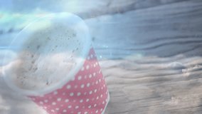 Red and white polka-dot coffee cup being shown in macro, displaying froth with network overlay. Stationery, branding, minimalist, digital, modern, warm, cozy - Powered by Shutterstock - Get 15% off with code: PIKWIZARD15