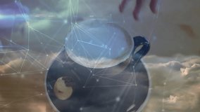Coffee cup and cookie floating in double-exposure design, showing digital network and clouds. Futuristic, surreal, technology, innovation, digital, abstract, cozy - Powered by Shutterstock - Get 15% off with code: PIKWIZARD15