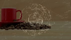 Red ceramic coffee cup sitting amid wireframe spheres, showing roasted beans and numeric codes. Coffee, technology, innovation, modern, digital, abstract, design - Powered by Shutterstock - Get 15% off with code: PIKWIZARD15