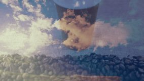 Central network sphere floating above coffee cup, blending coffee beans with cloudy sky, 3D render. Futuristic, technology, abstract, innovation, digital, communication, conceptual - Powered by Shutterstock - Get 15% off with code: PIKWIZARD15