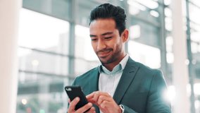 Phone, business man and reading in office for investment banking, finance and scroll online. Corporate worker, smile and check email on mobile for profit update, economy news and stock price in lobby - Powered by Shutterstock - Get 15% off with code: PIKWIZARD15