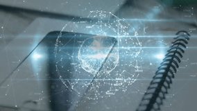 Holographic network sphere floating in 3D render above desk, showing laptop keyboard and coffee mug. Technology, innovation, futurism, digital, connectivity, workspace, modern - Powered by Shutterstock - Get 15% off with code: PIKWIZARD15