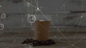 Featuring disposable paper coffee cup on wooden table with beans and digital network overlay. Eco-friendly, technology, innovation, beverage, networking, sustainability, modern - Powered by Shutterstock - Get 15% off with code: PIKWIZARD15