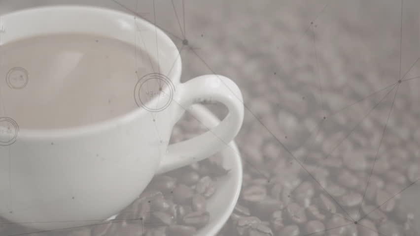 White ceramic coffee cup getting filled with hot coffee, creating ripples over scattered beans. Ceramic, beverage, brewing, aroma, gourmet, cozy, rustic