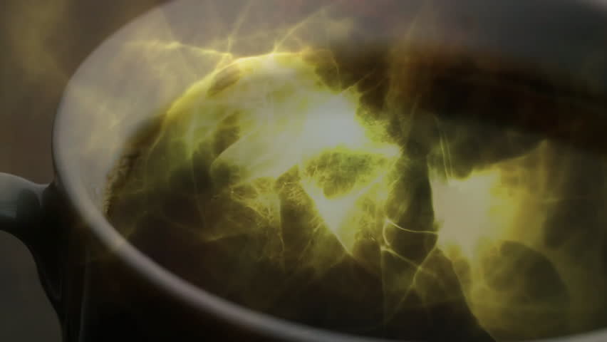 Dark coffee being animated in 3D render inside ceramic mug swirling with green energy patterns. Surreal, abstract, luminescent, vibrant, energizing, cinematic, macro