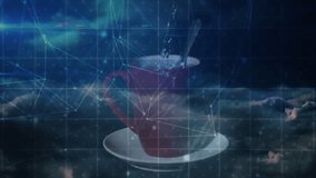 Red ceramic coffee mug sitting on white saucer in virtual interface, visualizing data nodes. Futuristic, technology, interface, holographic, digital, data, cyber - Powered by Shutterstock - Get 15% off with code: PIKWIZARD15