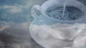 White ceramic coffee cup showing milk pouring into dark coffee, floating above 3D cloud network. Abstract, innovation, technology, digital, futuristic, concept, connectivity - Powered by Shutterstock - Get 15% off with code: PIKWIZARD15
