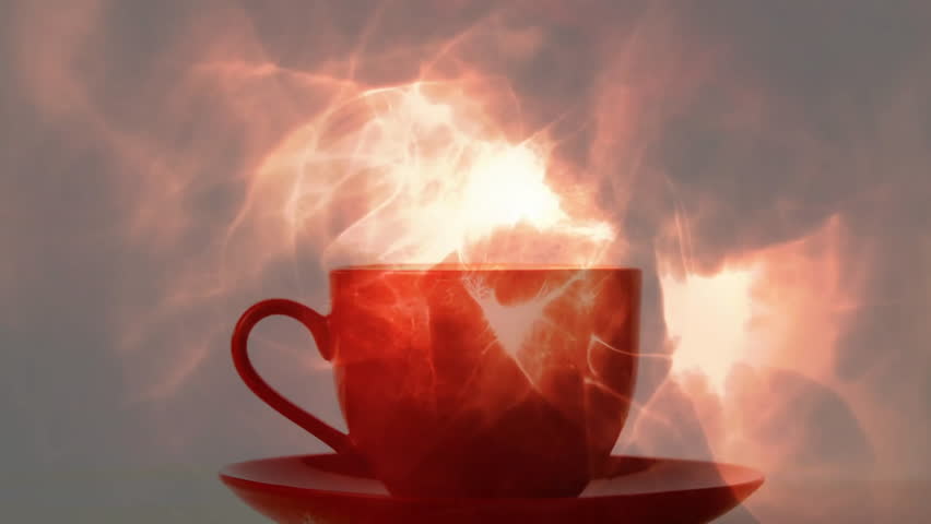 Pouring liquid streaming into red ceramic cup, glowing steam swirling around saucer in 3D render. Vibrant, energizing, abstract, modern, dynamic, fiery, gourmet