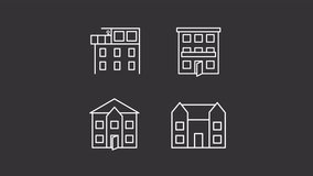 Urban buildings animation set. City houses animated white line icons. Luxury apartment, penthouse. Modern home, lifestyle. Isolated elements on dark background. Alpha channel HD video - Powered by Shutterstock - Get 15% off with code: PIKWIZARD15