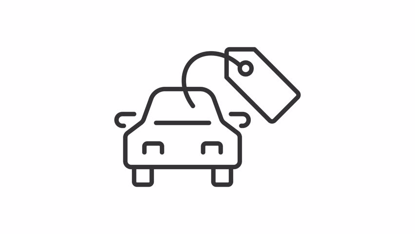 Buy car line animation. Automobile with price tag animated icon. Financial goal. Collecting enough money for vehicle purchase. Outline element on white background. HD video with alpha channel
