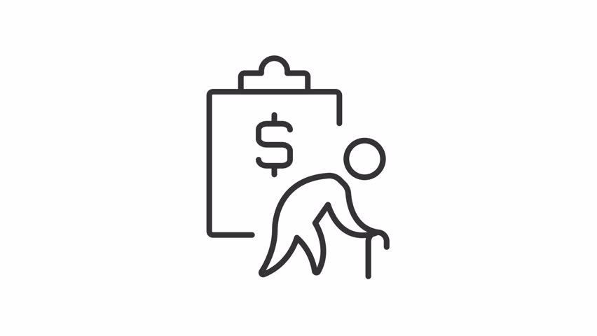 Retirement plan line animation. Senior person with financial documents animated icon. Pension fund service. Money savings. Outline element on white background. HD video with alpha channel