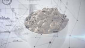 Flat 3D render showing coffee beans overflowing bowl with digital network nodes charts waveform. Technology, innovation, data visualization, digital interface, analytics, modern, abstract - Powered by Shutterstock - Get 15% off with code: PIKWIZARD15