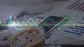 Glass coffee cup floating on wooden tabletop while colorful waveform looping across background. Digital art, modern, vibrant, abstract, data visualization, workspace, technology - Powered by Shutterstock - Get 15% off with code: PIKWIZARD15