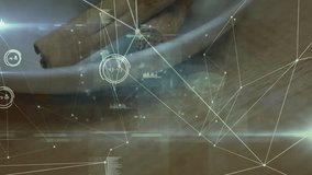 Cinnamon sticks sitting on white plate under animated digital network overlay with connecting lines. Spices, culinary, technology, modern, gourmet, precision, innovation - Powered by Shutterstock - Get 15% off with code: PIKWIZARD15