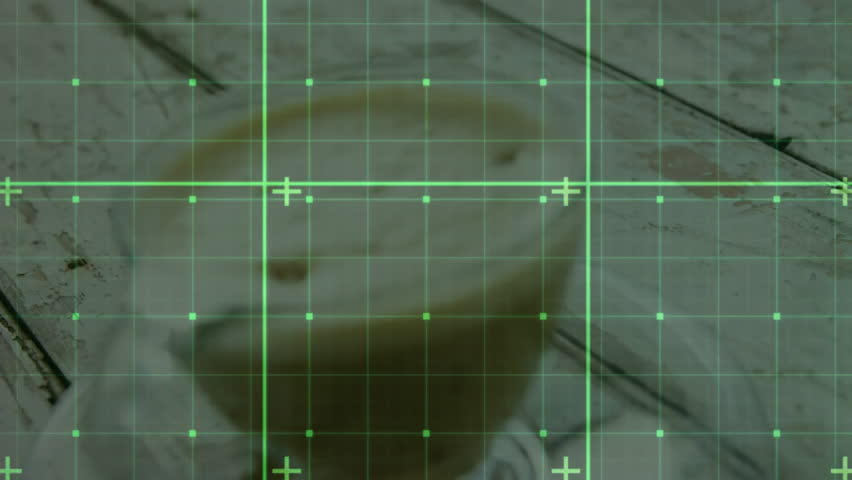 Transparent glass coffee cup being rendered in 3D with frothy beverage and green grid overlay. Minimalist, warm, cozy, aesthetic, beverage, craft, detailed