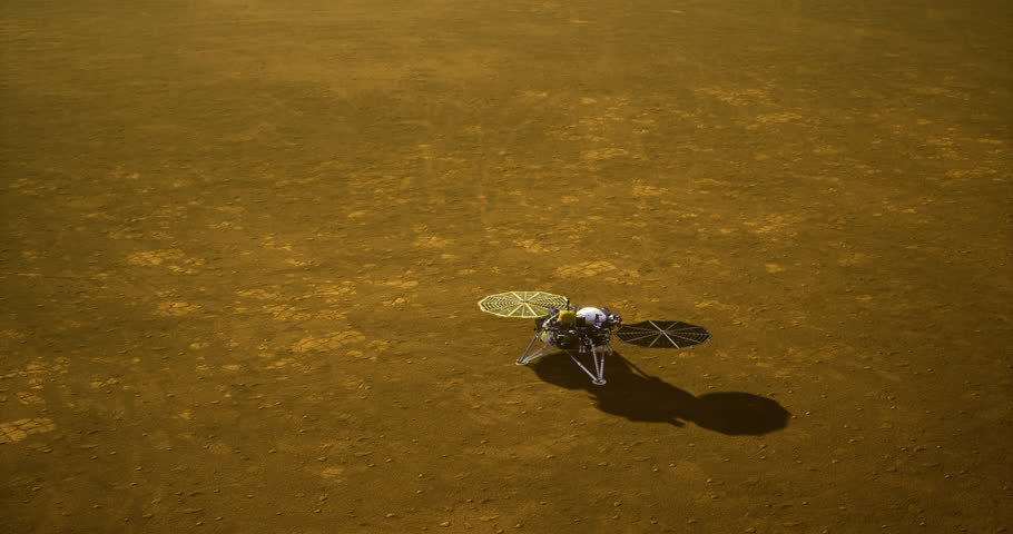 The Mars lander conducts scientific investigation on the dusty surface of Mars under a clear sky. Its robotic arm is poised for geological analysis in the rugged terrain.