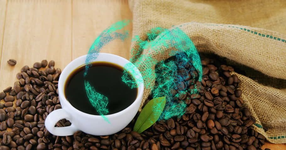 White cup with black coffee on table, beans spilling from burlap sack, showing teal globe overlay. Coffee, beverage, brew, aromatic, earthy, artisanal, sustainable
