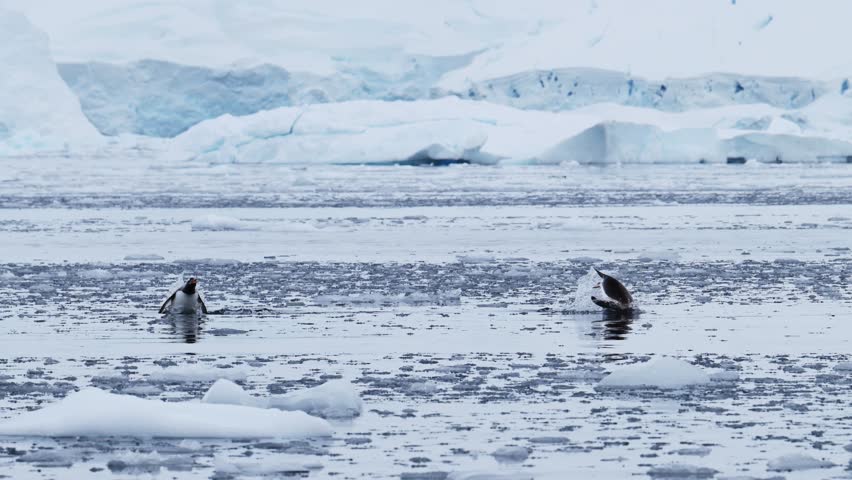 Gentoo Penguins Porpoising and Jumping Out of the Water in the Southern Ocean Sea While Swimming, Antarctica Wildlife of Amazing Penguin Animal Behaviour on Antarctic Peninsula