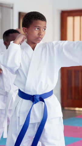 Group, karate and kids exercise in dojo for fight, fitness and learning self defense in class for sports. Students, children and practice martial arts for development, workout and kick for training