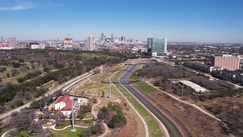 Aerial View of Hermann Park With Downtown Houston in Background, Texas USA, Drone Shot