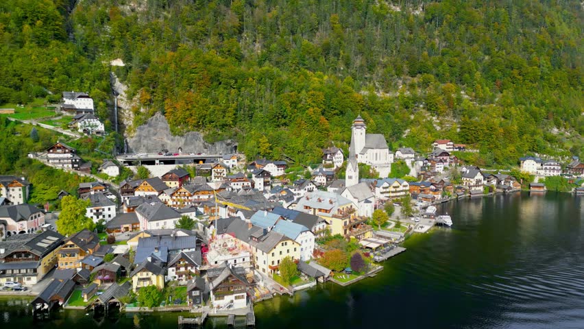Scenic view of the beautiful Hallstatt town and Hallstattersee in Austria. UNESCO world heritage site