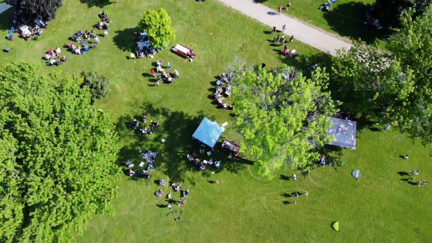 Summer Festivals And Community Events (Parks And Recreation) In Port Washington, Wisconsin; 4K Aerial Reveal.