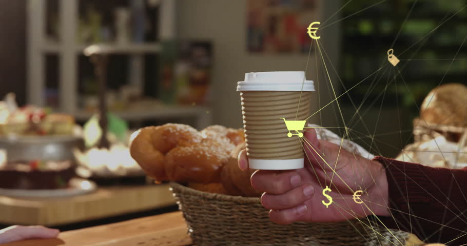 Handing to-go coffee cup with ribbed sleeve across cafe counter, featuring floating sale icons. Breakfast, hospitality, café, retail, beverage, commerce, minimalism