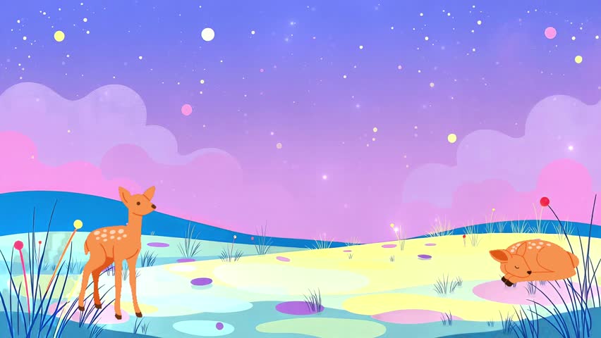 Stargazing Fawns Meadow: A Dreamy Animated Scene of Deer in a Pastel Wonderland Under a Starry Sky