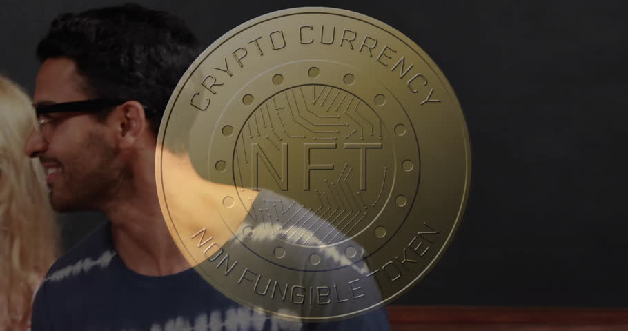 Three friends exploring blockchain finance on tablet in studio, showing golden NFT coin overlay. Casual, collaboration, modern, digital, networking, creative, technology