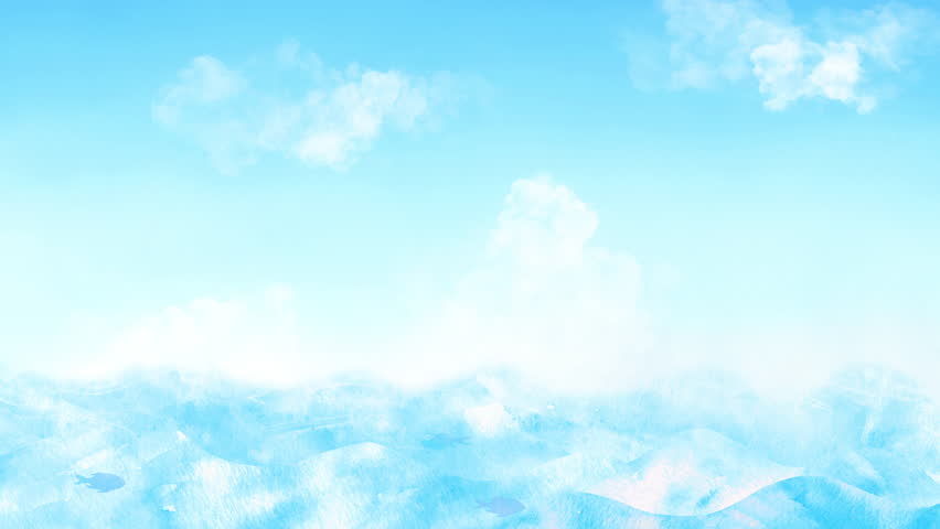 A loop animation of a refreshing ocean with dolphins jumping against the backdrop of a blue sky. A watercolor-style landscape full of summer vibes.