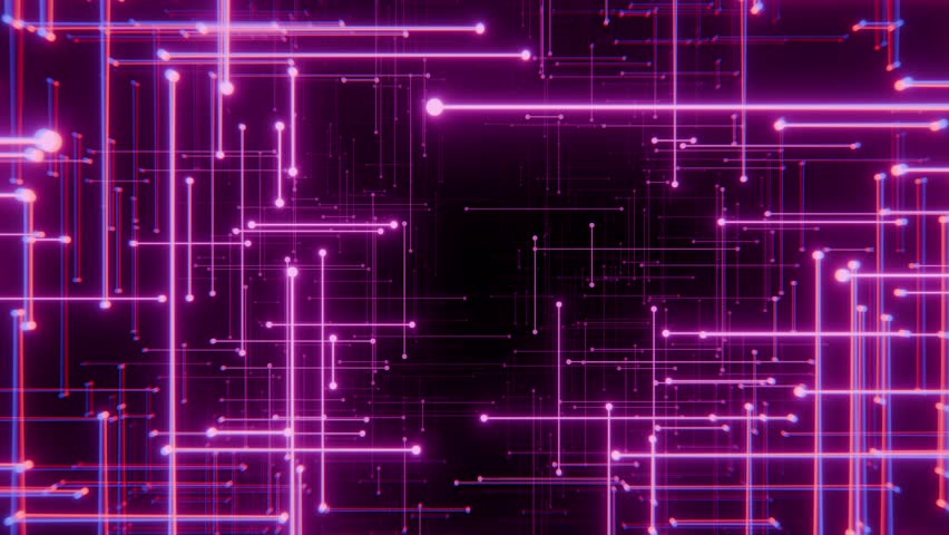 Purple digital space made of glowing patterns with neon light lines and moving away camera effect. Seamless vj loop with futuristic animation of illuminated elements in science fiction style. 4K 60fps