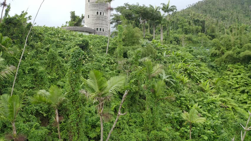 A drone shot of the Yokahu Tower within El Yunque National Forest on the island of Puerto Rico, on a cloudy day