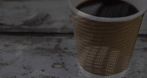 Paper coffee cup holding black coffee showing floating binary digits on tabletop in 3D render. Technology, digital, minimalistic, macro, modern, workspace, futuristic - Powered by Shutterstock - Get 15% off with code: PIKWIZARD15