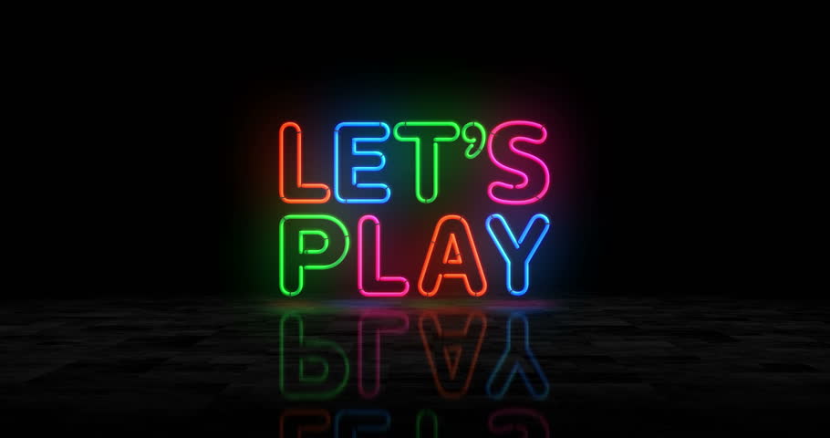 Let's play game neon glowing symbol. Light color bulbs. Lets play gaming abstract concept 3d animation.