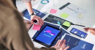 Creative, documents and hands with phone screen in meeting for app development, usability testing and above. UX designer, tablet and people planning for campaign launch, UI pitch and teamwork notes - Powered by Shutterstock - Get 15% off with code: PIKWIZARD15