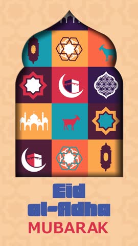 Colorful vertical looping Eid al-Adha animation featuring a grid of Islamic symbols inside a mosque arch. Bright and festive, perfect for mobile reels, social media, and greeting visuals.