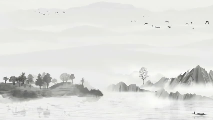 Fantasy bright ambience landscape of beautiful morning sky, mountains, flowers, lake, ancient house with simple animation in Japanese Chinese anime watercolour style.