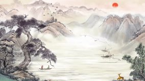 Retro Mysterious landscape China's traditional Oriental Digital Art animation, Chinese retro painting ink misty mountain with flowers, tree, birds, river in fog background. China Japan scenery artwork - Powered by Shutterstock - Get 15% off with code: PIKWIZARD15