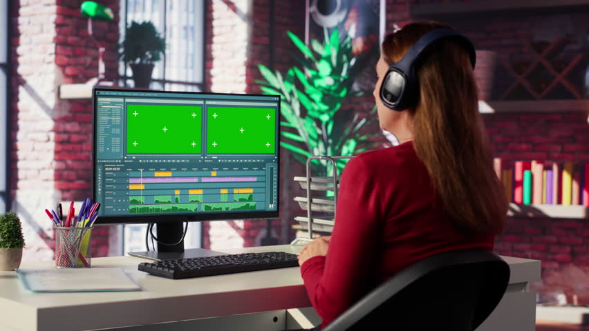 Female video creator working on editing a movie with green screen, using a movie post production software. Female footage editor starting the cinematic film editing industry. Camera A.