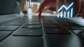 Close Up of a Person Using a Laptop Computer. Hands Type on Keyboard. VFX Digital Icons Showing Different Apps and Software: Online Communication, Business Analytics, Cloud and Others Online Services - Powered by Shutterstock - Get 15% off with code: PIKWIZARD15