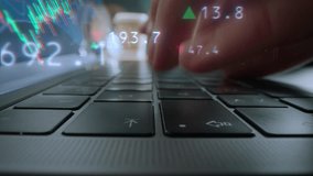 Close Up on Person's Hands Typing on Keyboard, Using Laptop Computer. Animated Visualizations with Positive and Negative Stock Market Tokens. Stock Exchange, Finance and Investing Theme - Powered by Shutterstock - Get 15% off with code: PIKWIZARD15