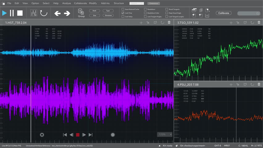 Advanced Engineering Interface Displaying Dynamic Frequencies, Waveforms and Data Analytics on a Dark Theme. Screen Replacement Template for Scientific Research, Quantum Computing or Audio Analysis