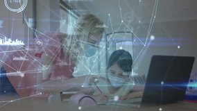 mid adult woman leaning over girl at table for education, presenting laptop and network graphics. Learning, family, technology, education, futuristic, collaboration, nurturing - Powered by Shutterstock - Get 15% off with code: PIKWIZARD15