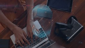 woman typing on laptop at tech desk, overlaying digital facial scanning mesh with vr headset nearby. Technology, innovation, digital, gadget, workspace, futurism, connectivity - Powered by Shutterstock - Get 15% off with code: PIKWIZARD15