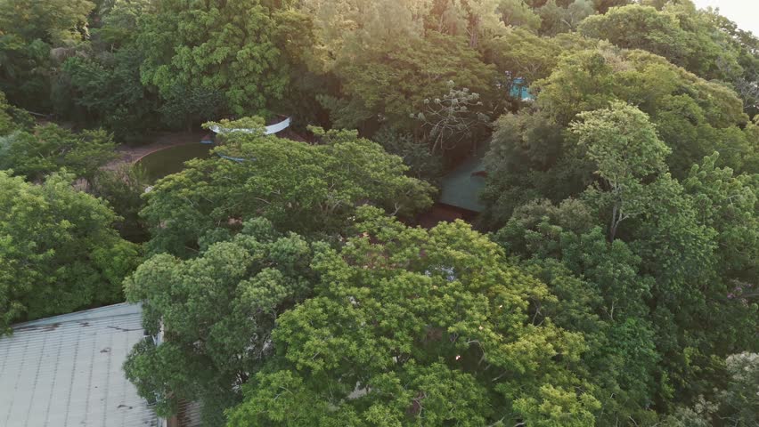 A parallax drone shot of the green environment with an amazing wedding decoration in the middle of the Paraná River in Posadas, Misiones.