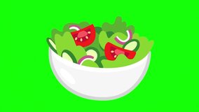 Salad in white bowl, with vegetables and fruits. Popular greek healthy diet food icon sign symbols mockup. Vector animation, motion graphic video footage. Isolated green screen background - Powered by Shutterstock - Get 15% off with code: PIKWIZARD15
