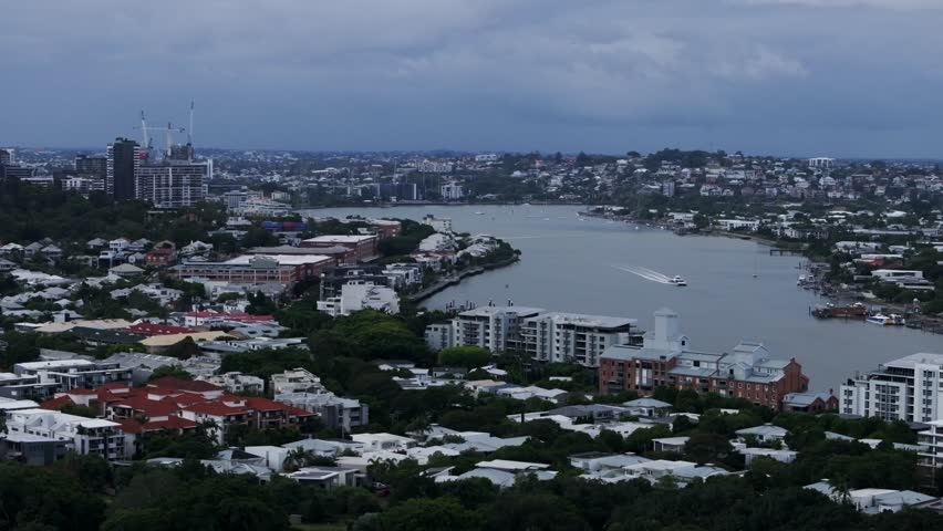 Brissy Brisbane City River Glass House Mountains Australia Story Bridge aerial drone blue sky cloudy morning summer autumn winter Aussie skyscraper ferry Citycat boat Kangaroo Park Cliffs static shot