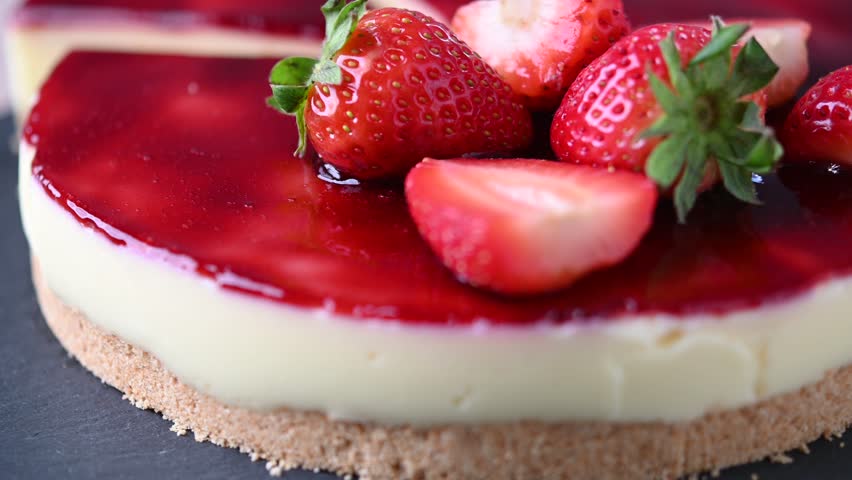 Slice of cheesecake with strawberries rotating