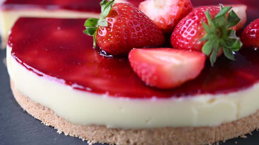 Slice of cheesecake with strawberries rotating